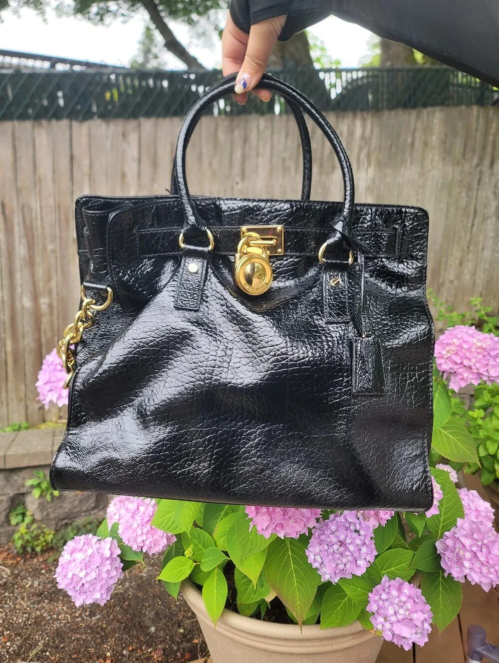 MK Black Patent Leather Tote Handbag with Gold Hardware
